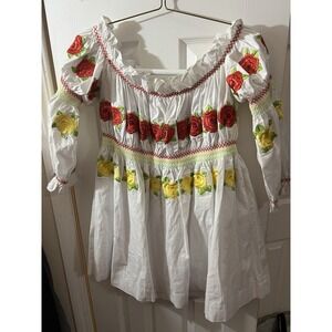$275~BEAUTY~RARE ROJA~L- Western Boho Embroidered Smock Peasant Dress Tunic
